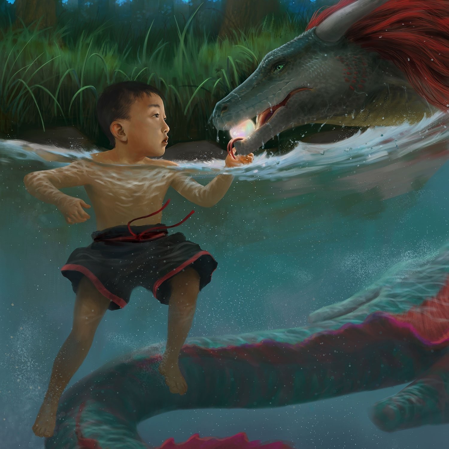 Temptation, a painting by Tou Her: a boy in a river reaches toward a glowing pearl held by a red-maned water serpent