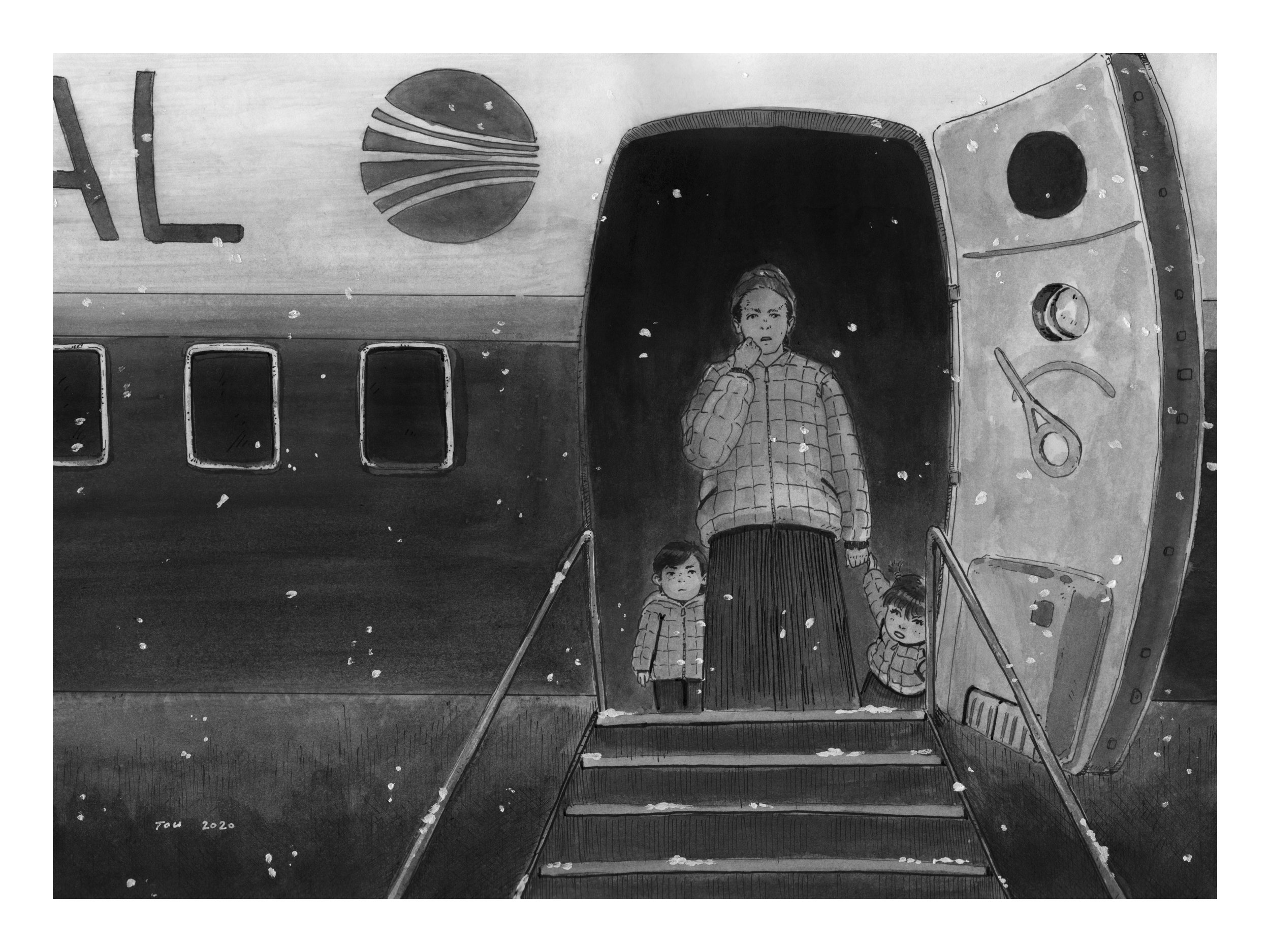 Ink painting by Tou Her of a woman and two small children standing in an airplane doorway as snow falls