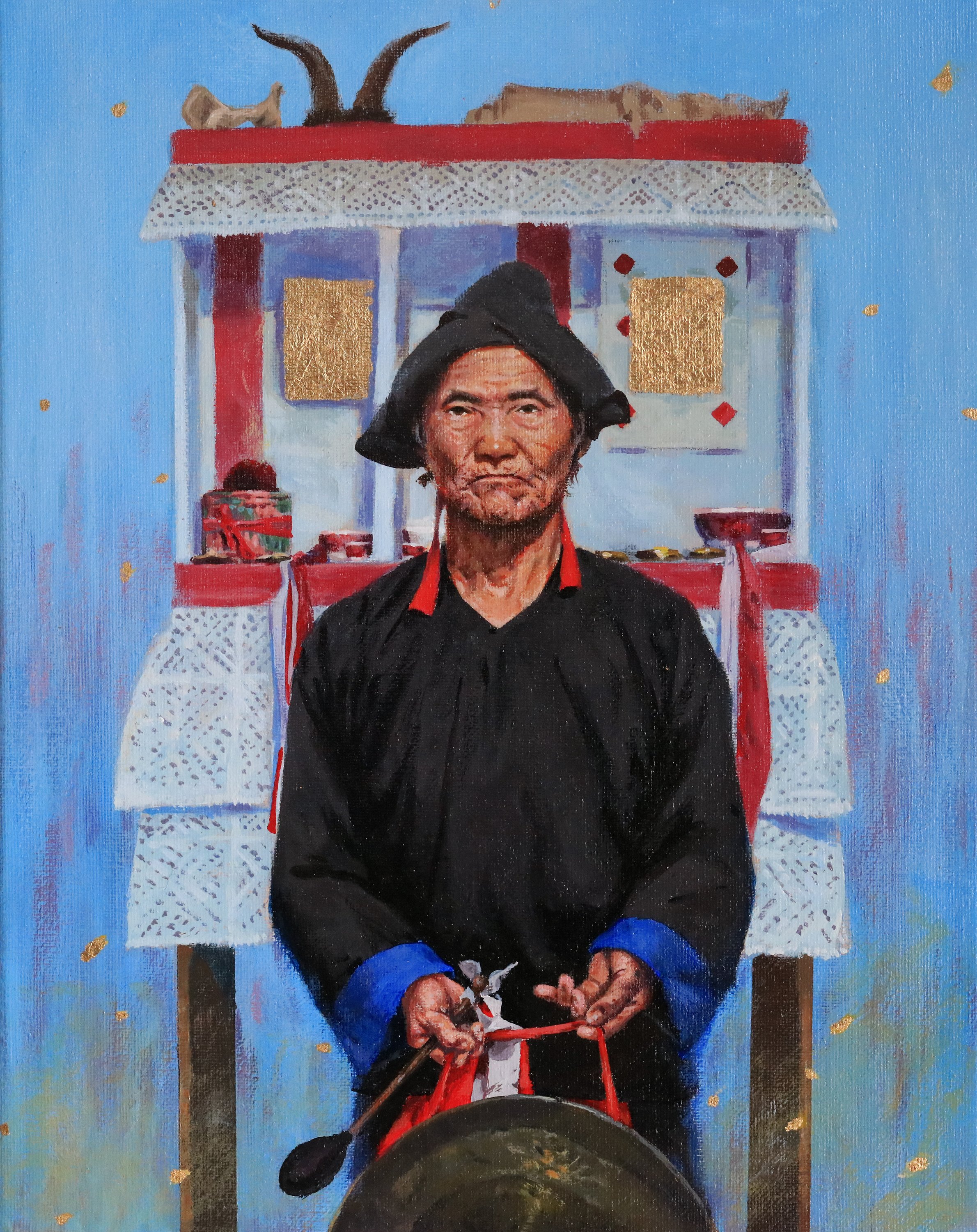 Painting by Tou Her of an elderly Hmong shaman in black clothing holding a gong before a red and white altar