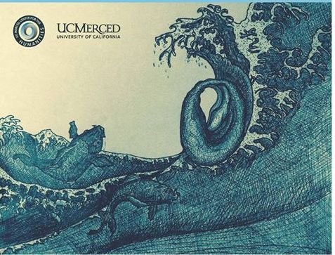 UC Merced Center for the Humanities banner with an ink drawing of a curling ocean wave and sea creatures