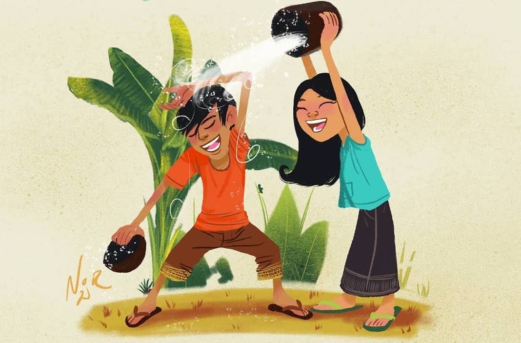Illustration of a laughing girl in a sinh pouring water over a boy for Pi Mai, Lao New Year, beside banana plants