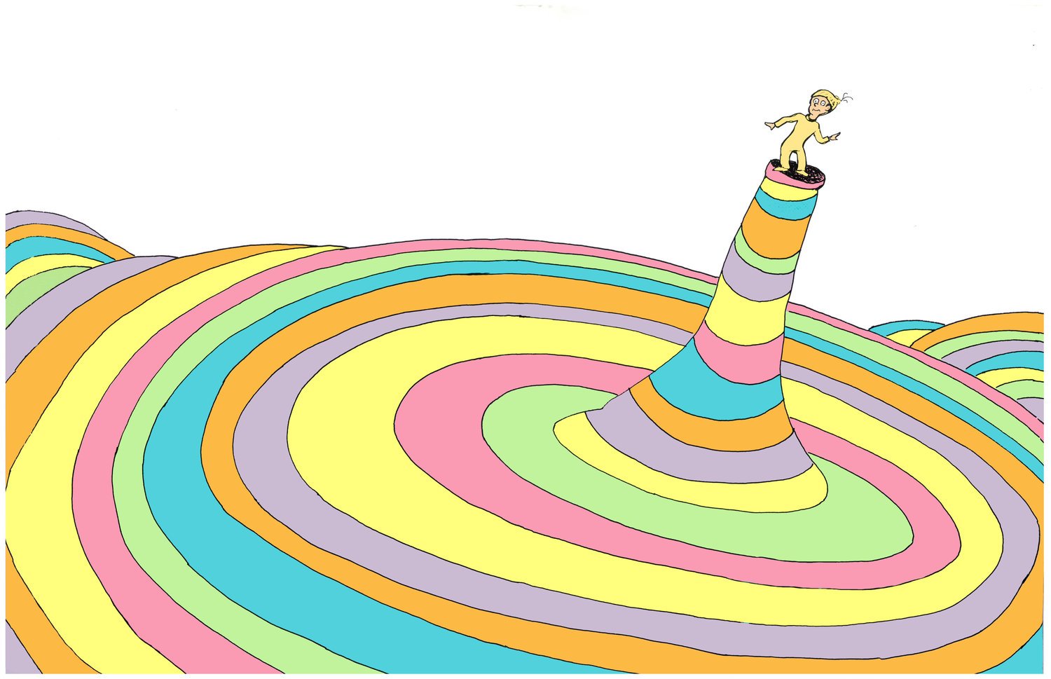 Dr. Seuss illustration from Oh, the Places You'll Go!: a small figure atop a tall tower rising from rainbow-striped swirling hills