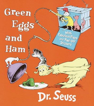 Cover of Green Eggs and Ham by Dr. Seuss, showing Sam-I-Am offering a plate of green eggs and ham