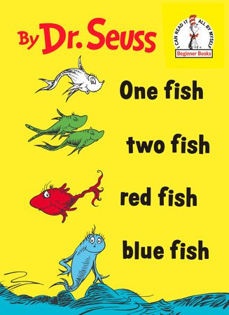 Cover of One Fish Two Fish Red Fish Blue Fish by Dr. Seuss, showing colorful cartoon fish on a yellow background
