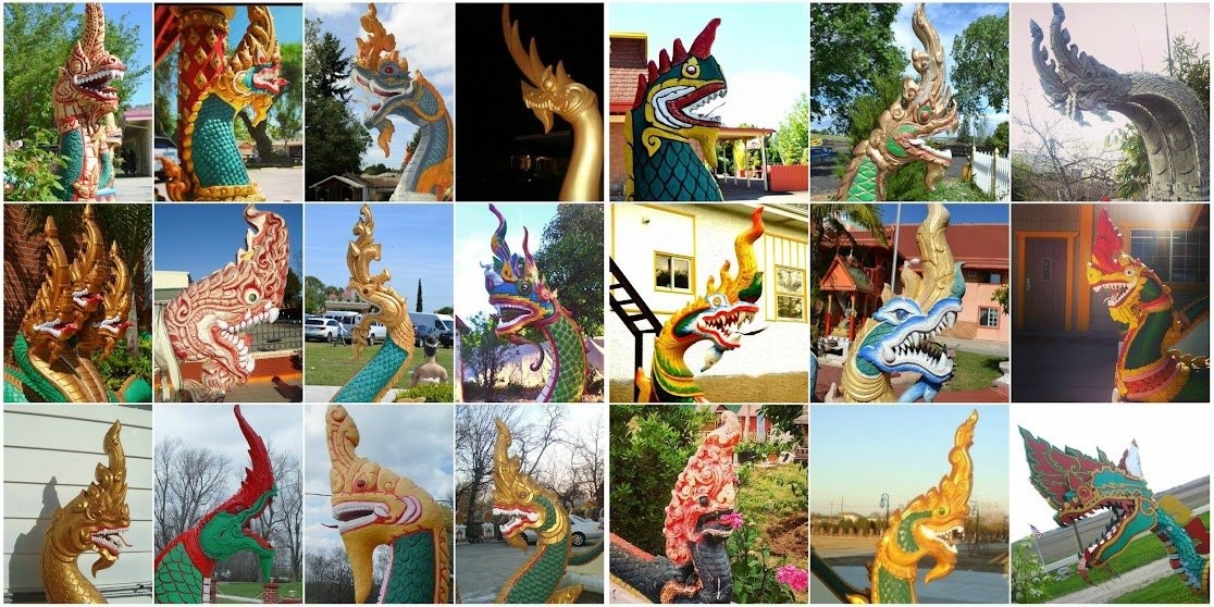 Grid of photos of Nak sculptures at Lao temples, colorful serpent heads with crests and fangs