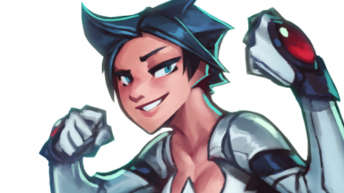 Digital illustration of a grinning superhero woman with spiky dark hair and white armored gloves, fists raised.