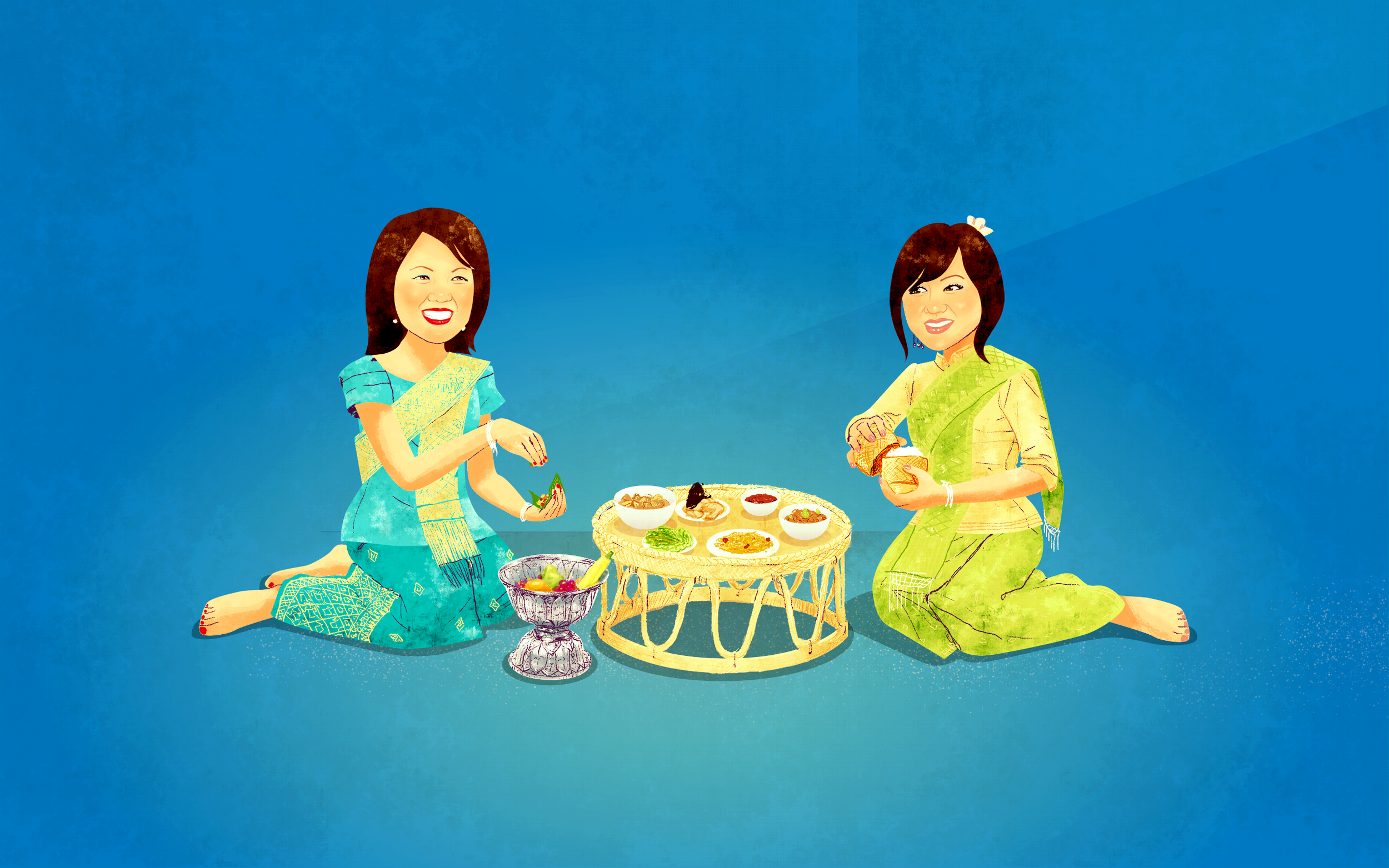 Illustration of two smiling Lao women in sinh kneeling beside a low rattan tray of food dishes and a silver pedestal bowl