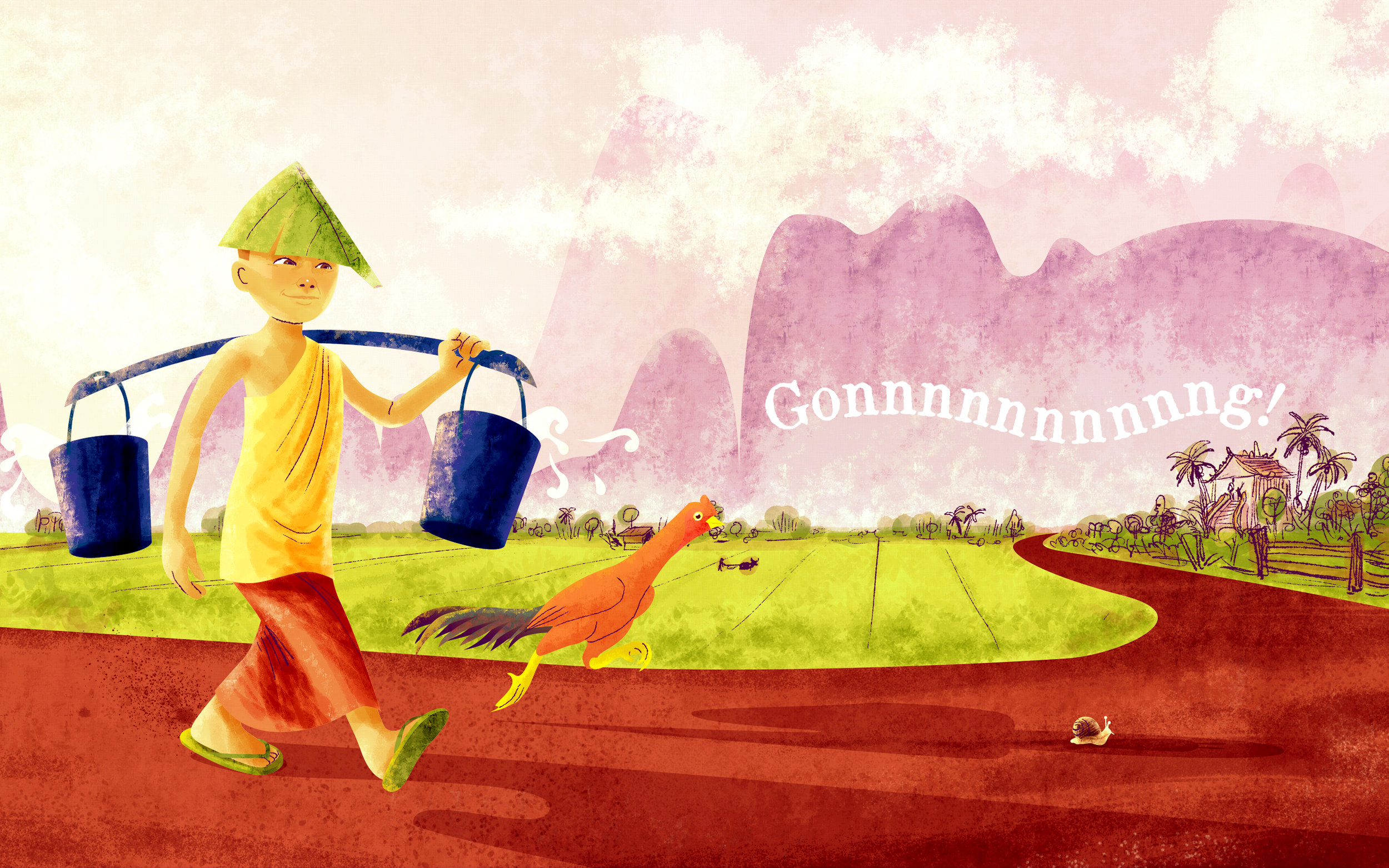 Illustration from A Sticky Mess: novice monk Xieng Mieng carries water buckets on a pole past rice fields as a rooster runs, Gonnnng!