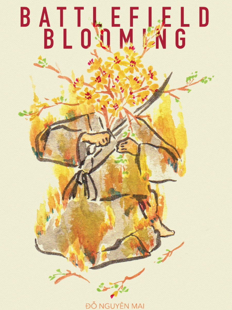 Watercolor illustration of a soldier in uniform holding a rifle with a flowering tree in the background. The title 'Battlefield Blooming' is at the top and the author's name 'Đỗ Nguyên Mai' is at the bottom.