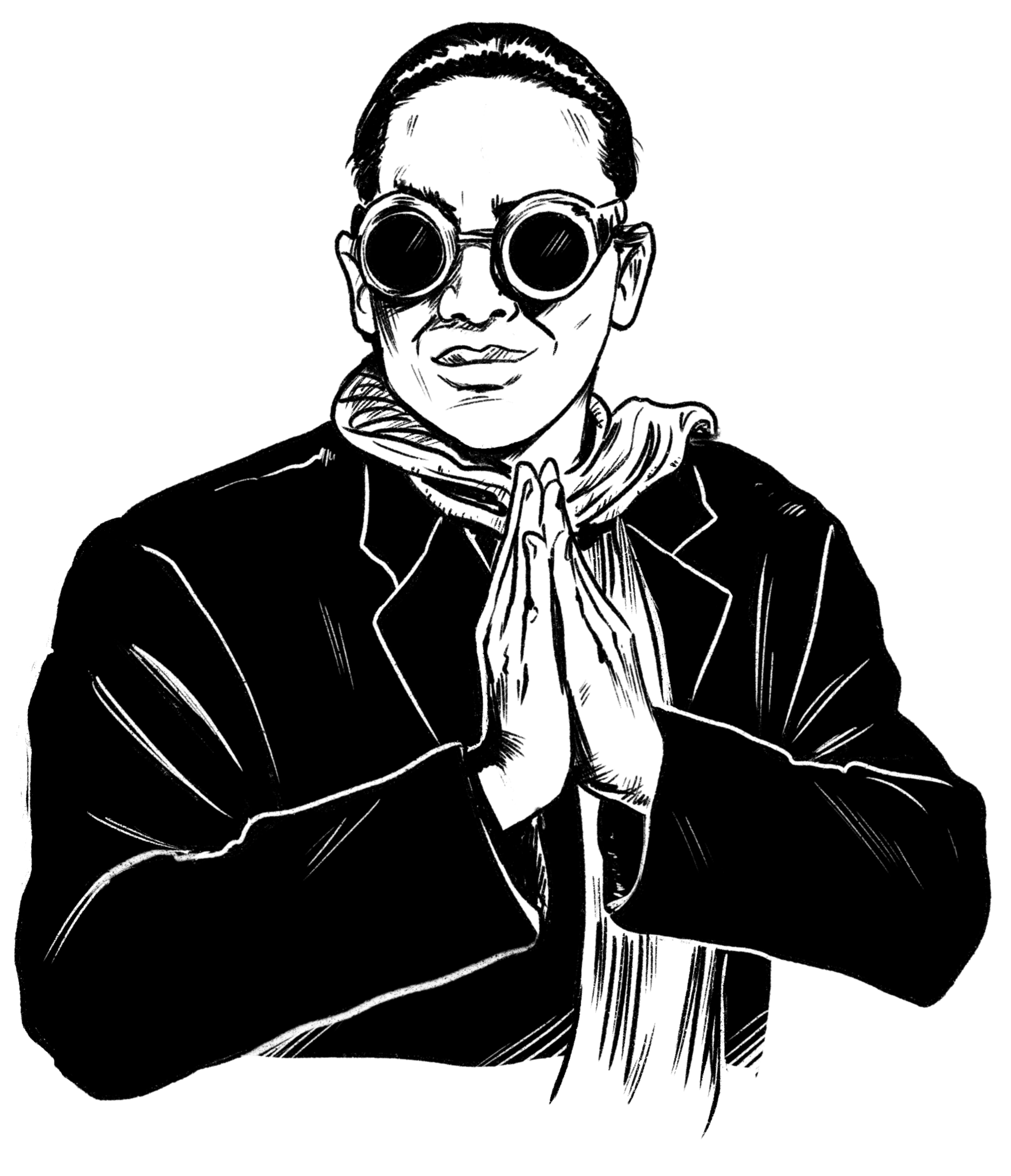 Black and white illustration of a person wearing round sunglasses, with hands pressed together in a prayer gesture, wearing a hoodie and a jacket.