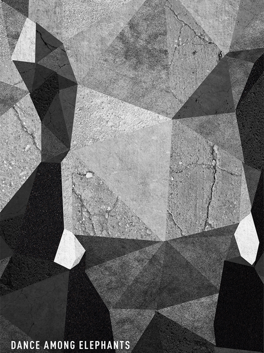 A geometric, mosaic-style illustration of an elephant's face with shades of black, gray, and white, titled 'Dance Among Elephants' by Krysada Panusith Phounsiri.