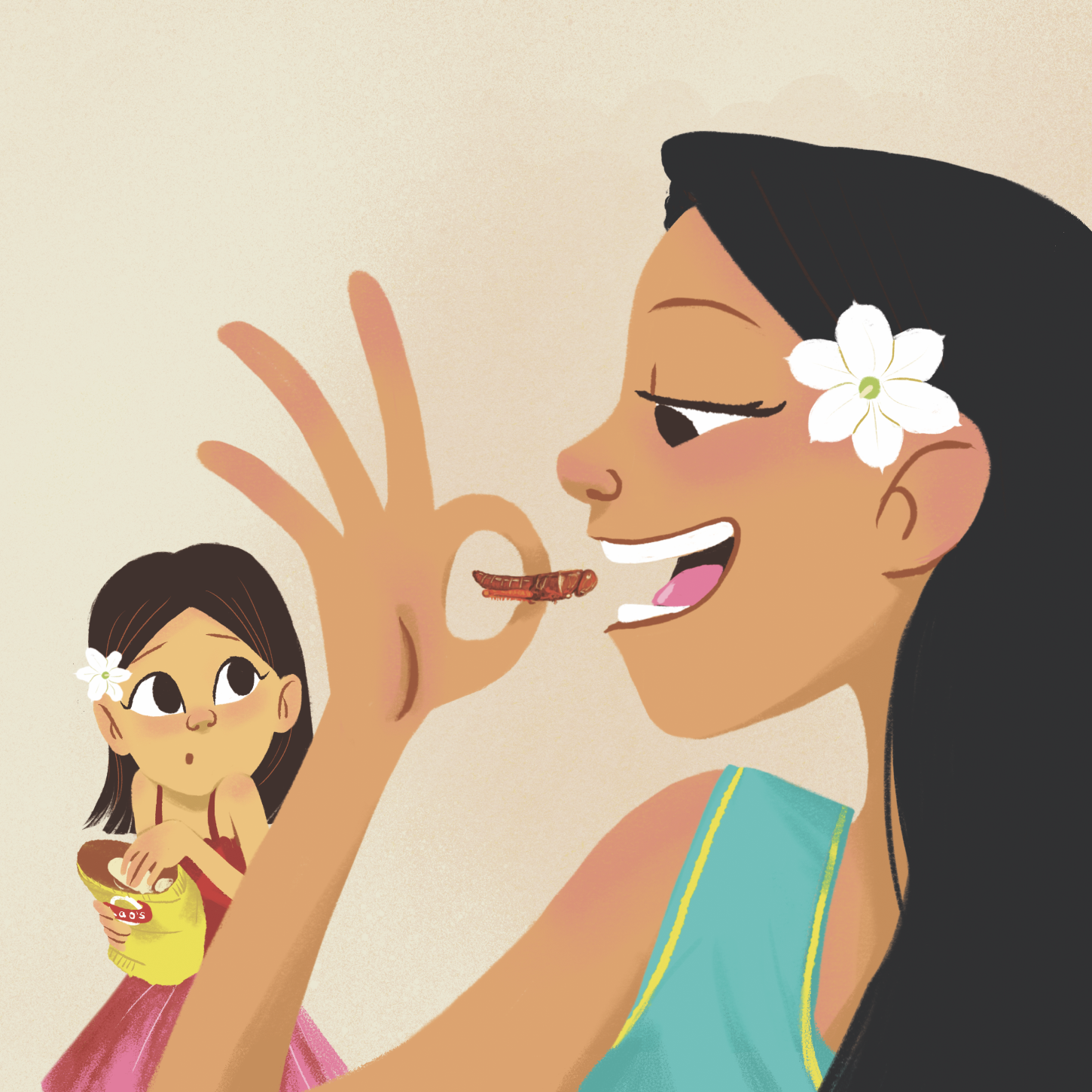 Illustration from Mommy Eats Fried Grasshoppers: Mommy happily eats a fried grasshopper while her surprised daughter holds a bag of chips