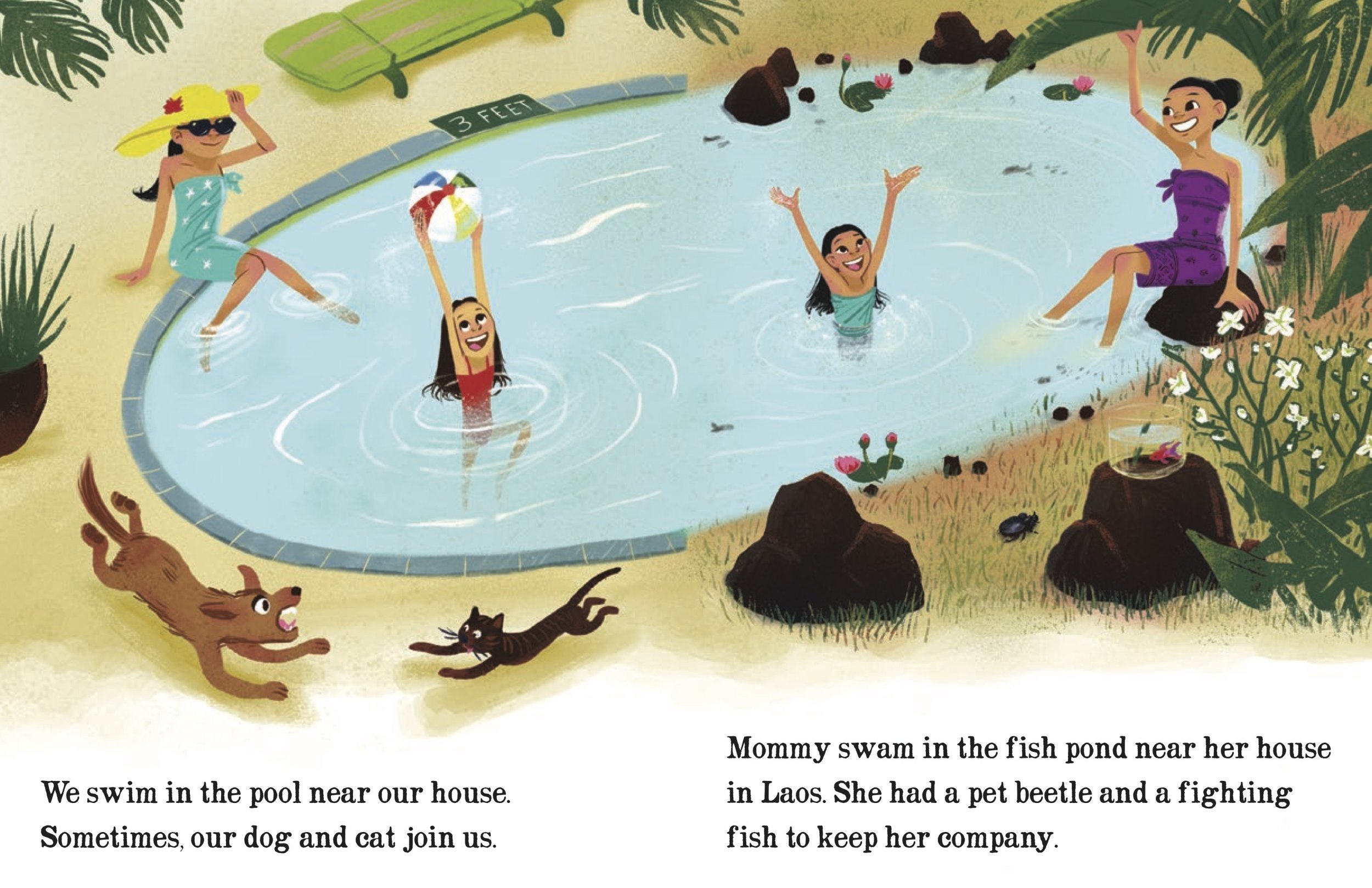 Mommy Eats Fried Grasshoppers spread: Mahlee swims in a backyard pool while Mommy swam in a fish pond in Laos