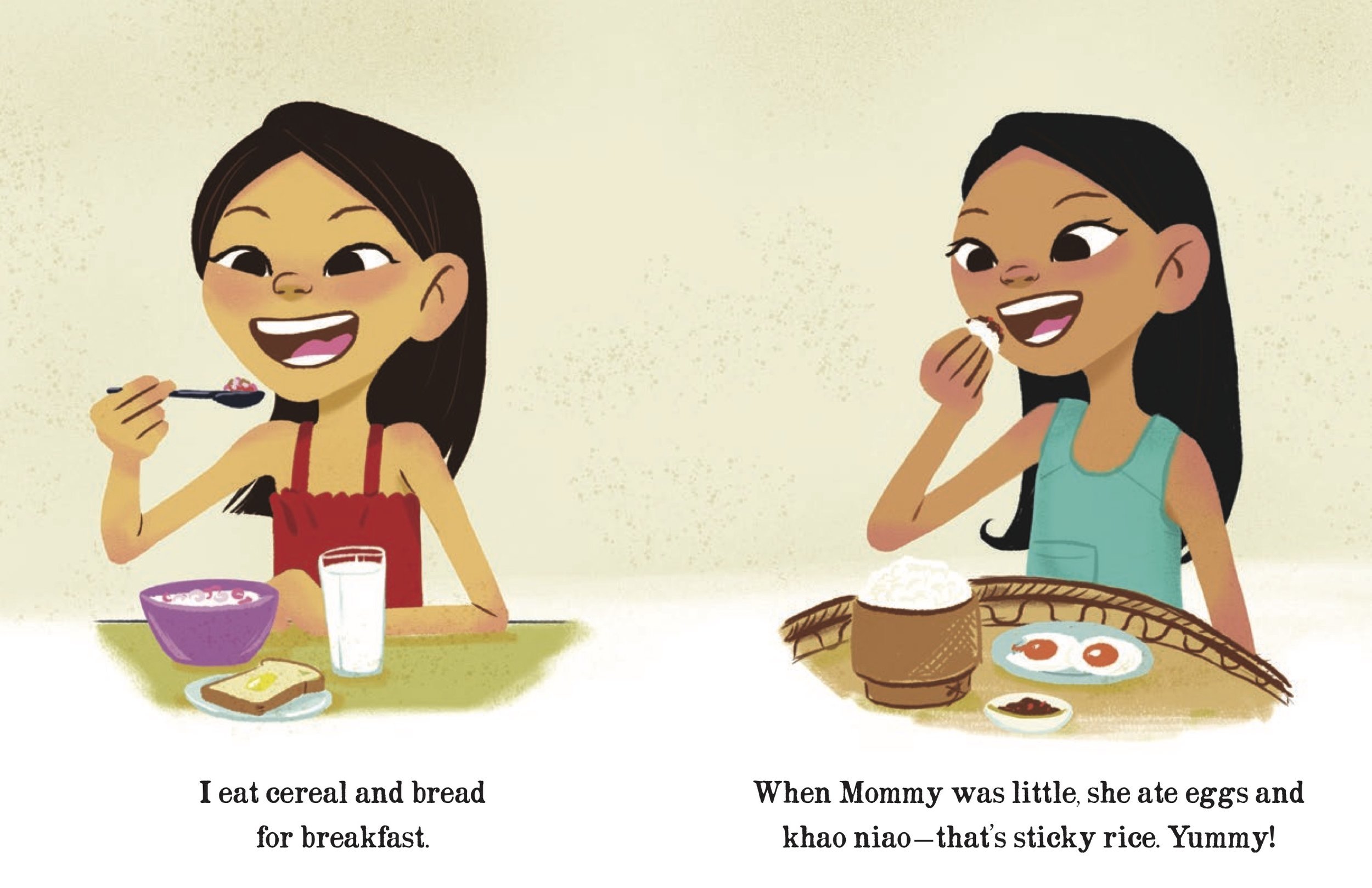 Mommy Eats Fried Grasshoppers spread: Mahlee eats cereal while young Mommy eats eggs and khao niao, sticky rice, from a basket