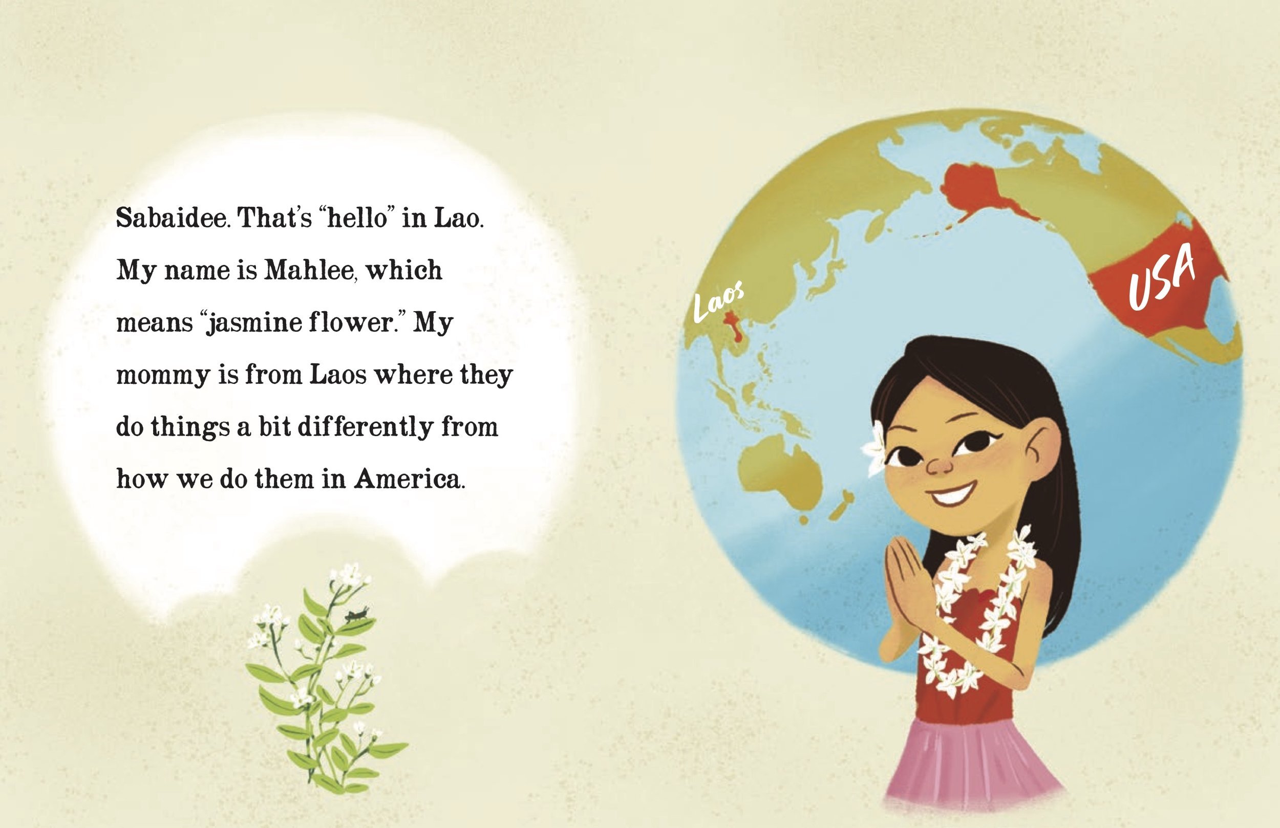 Mommy Eats Fried Grasshoppers spread: Mahlee greets with a nop, saying Sabaidee, beside a globe marking Laos and the USA