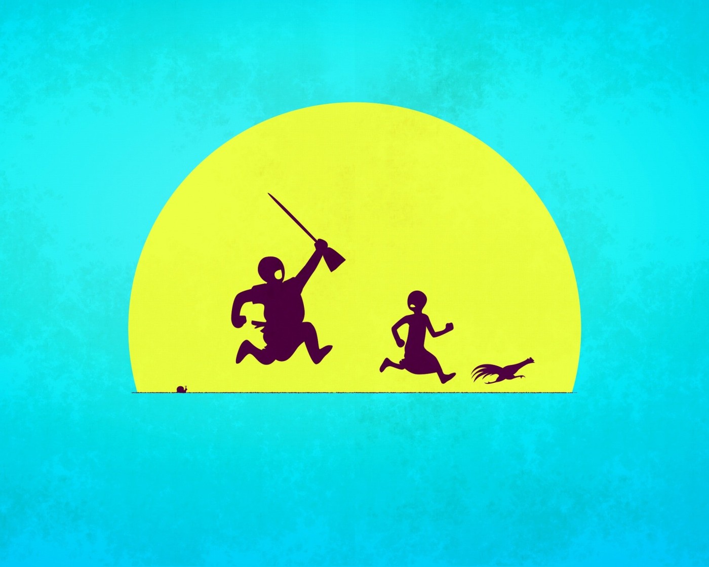 Silhouette of a man waving a long pole as he chases a boy and a rooster in front of a huge yellow sun