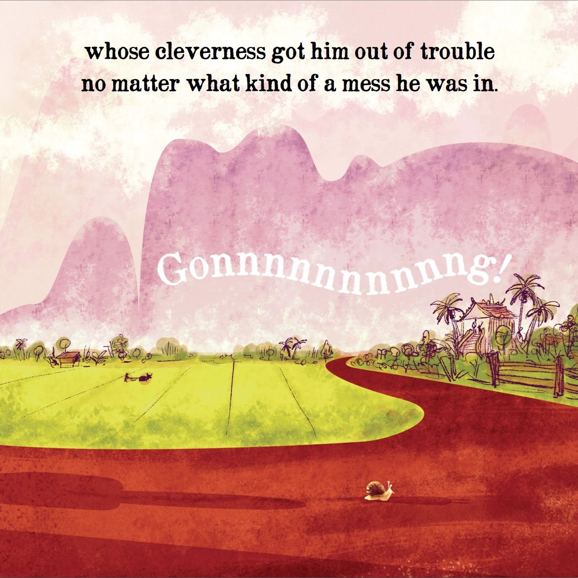 A Sticky Mess page: a red dirt road past rice fields and a village, with a temple gong ringing "Gonnnnnng!" and a snail on the road