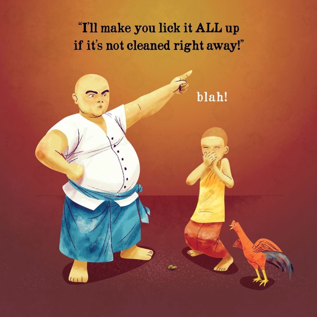 A Sticky Mess page: Ajahn Kem points and yells "I'll make you lick it ALL up if it's not cleaned right away!" as the novice gags
