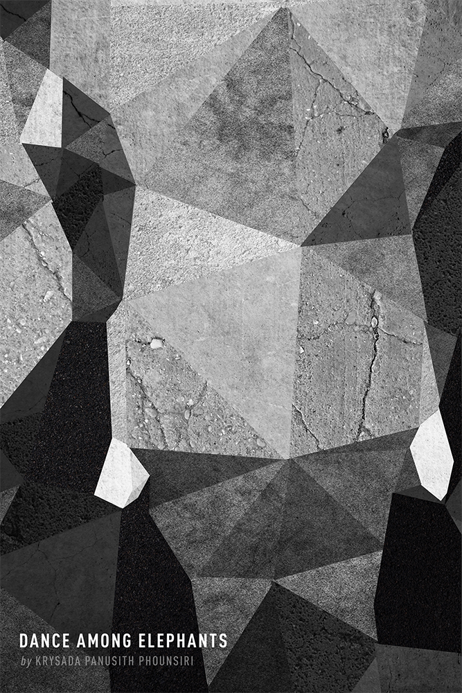Cover of Dance Among Elephants by Krysada Panusith Phounsiri, showing gray geometric facets over cracked concrete