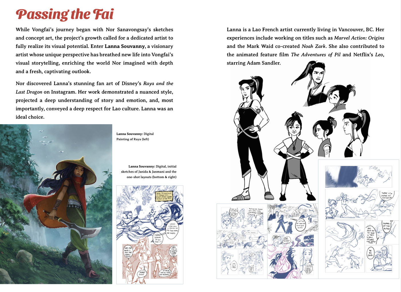 Mysterious Connections spread "Passing the Fai" introducing artist Lanna Souvanny, with her Raya painting, character sketches of Janida and Janmani, and comic layouts