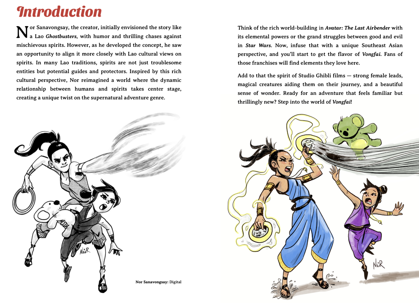 Mysterious Connections introduction spread with Nor Sanavongsay's drawings of Janida and Janmani fighting a spirit alongside a koala companion