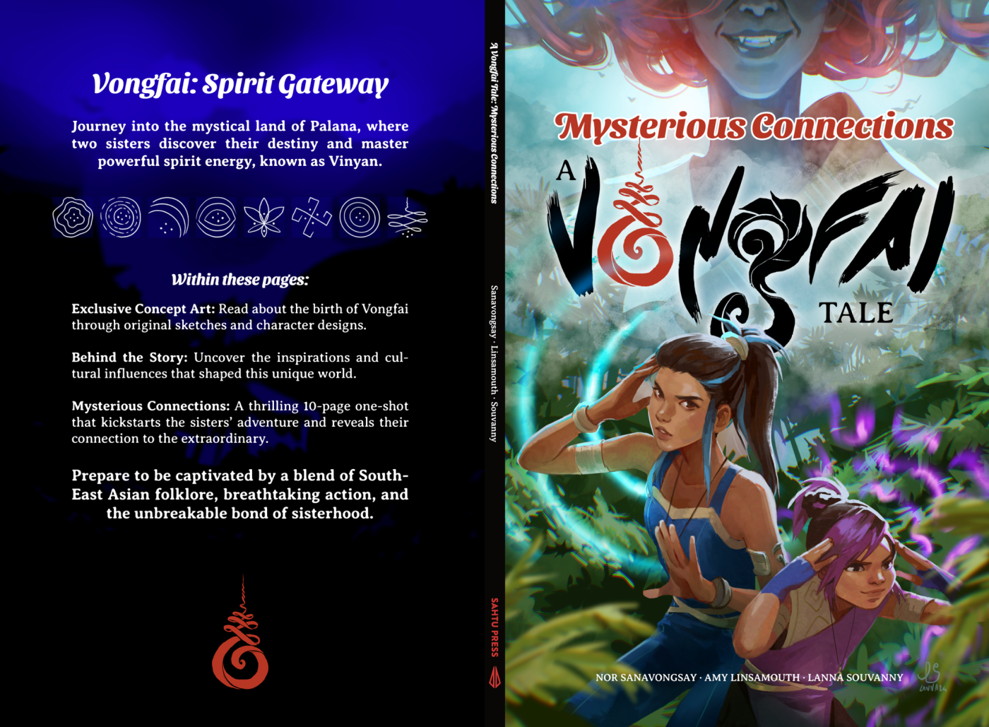 Full cover wrap of Mysterious Connections: A Vongfai Tale by Nor Sanavongsay, Amy Linsamouth and Lanna Souvanny, with back cover text about two sisters in Palana