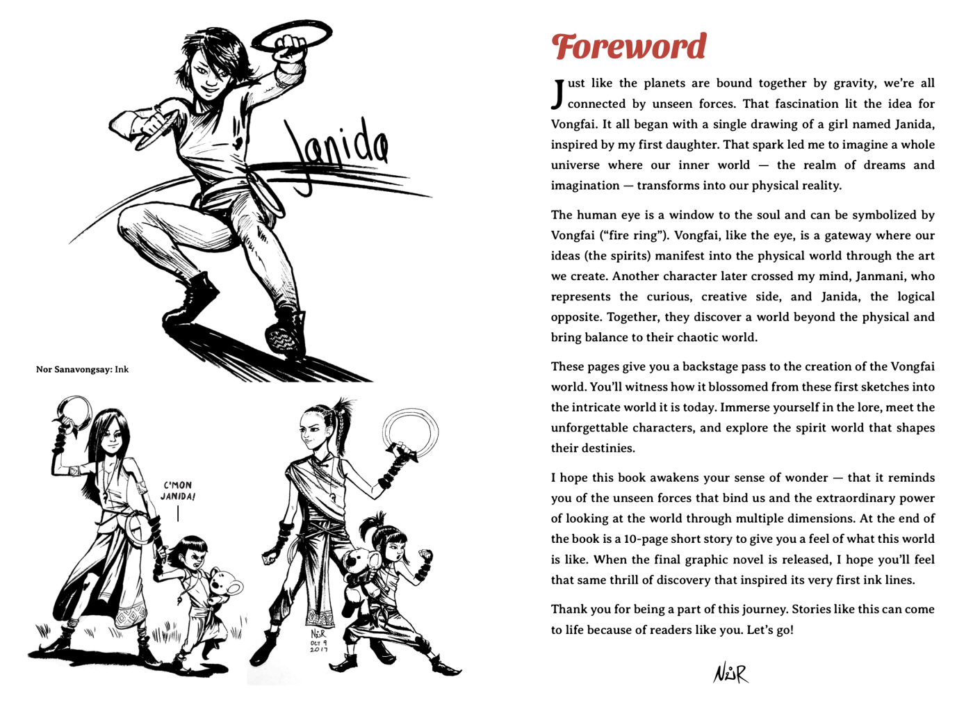 Mysterious Connections foreword by Nor Sanavongsay beside his ink sketches of Janida holding a glowing ring