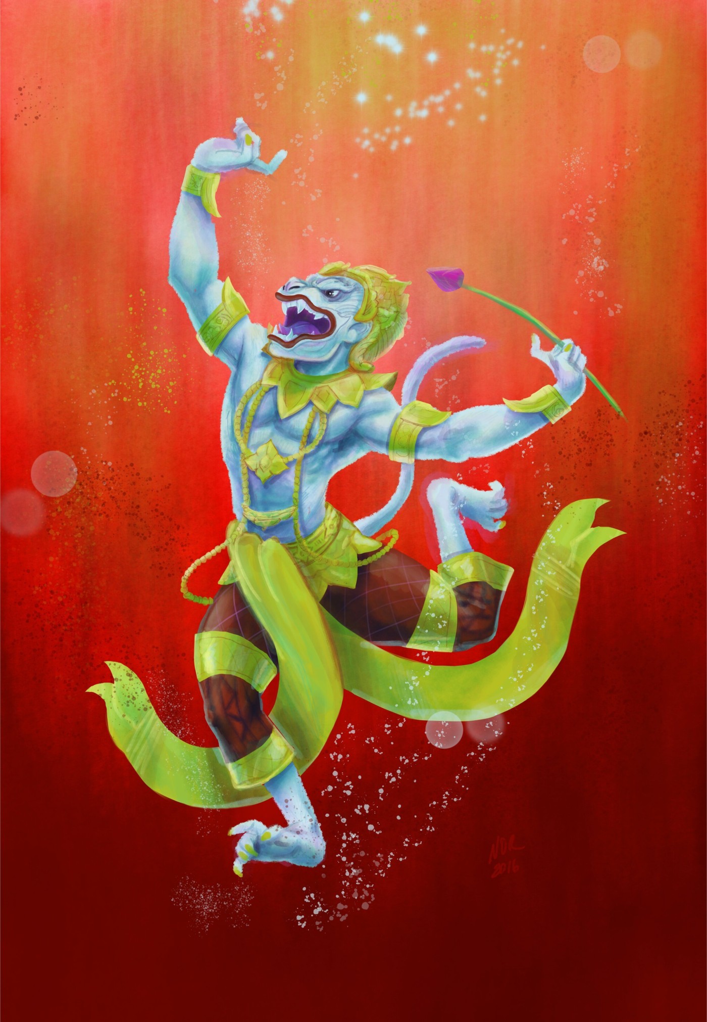 Phra Lak Phra Lam poster of Hanuman, the white monkey warrior, leaping with a lotus flower against a red background