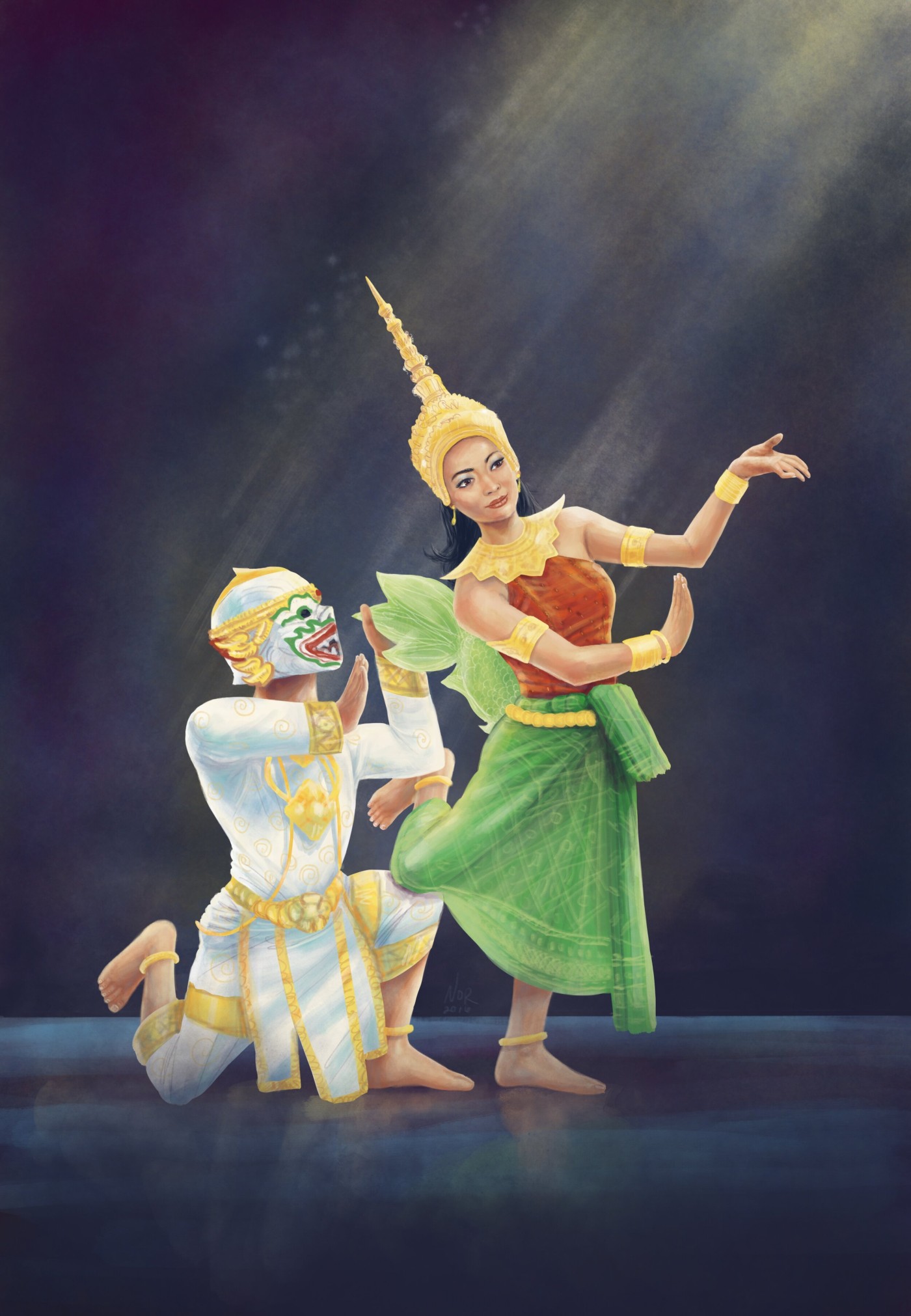 Phra Lak Phra Lam poster of masked Hanuman kneeling before a dancer in a tall golden crown and green skirt