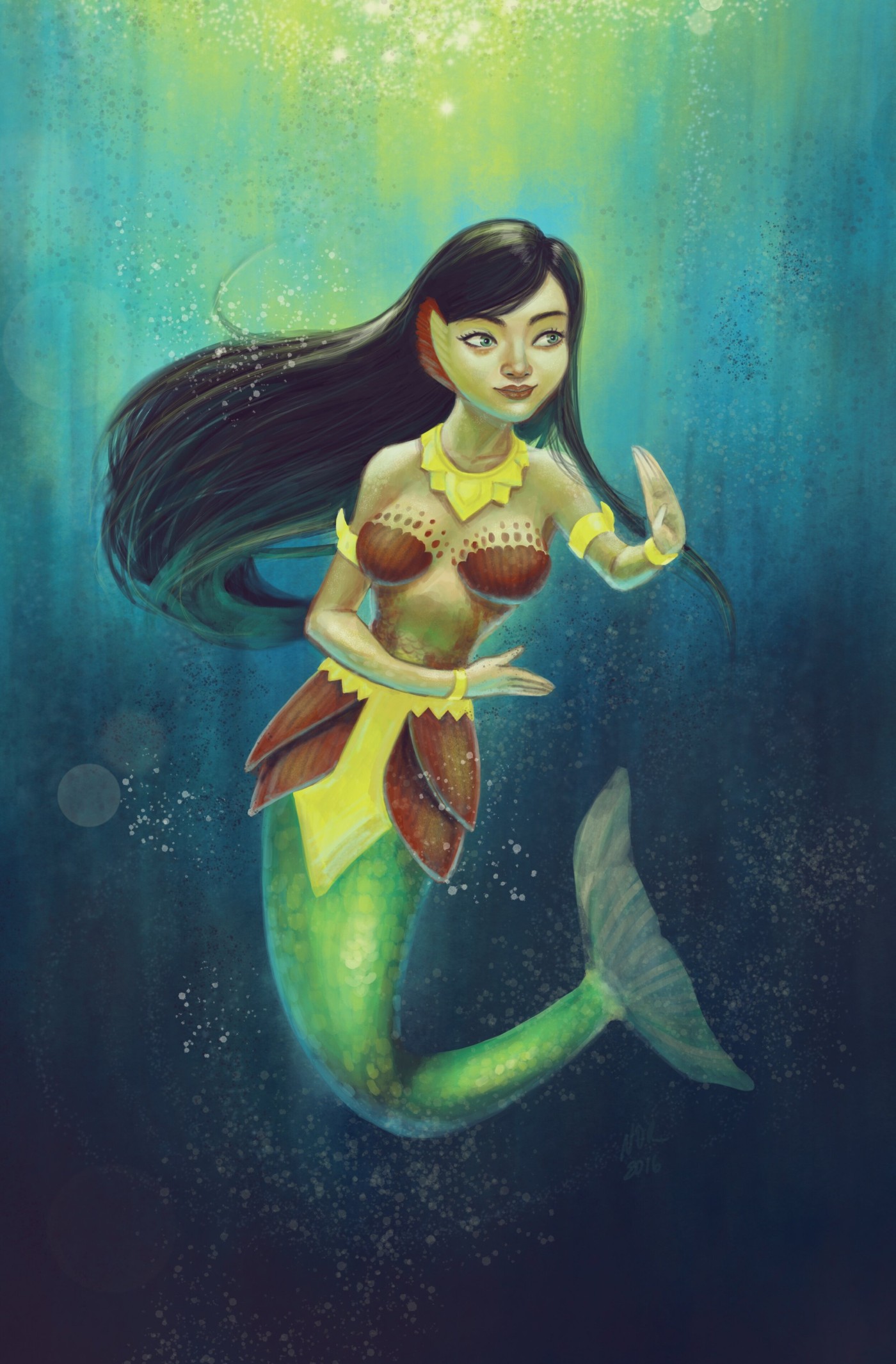 Phra Lak Phra Lam poster of Suvannamaccha, a mermaid with long black hair, swimming in blue-green water