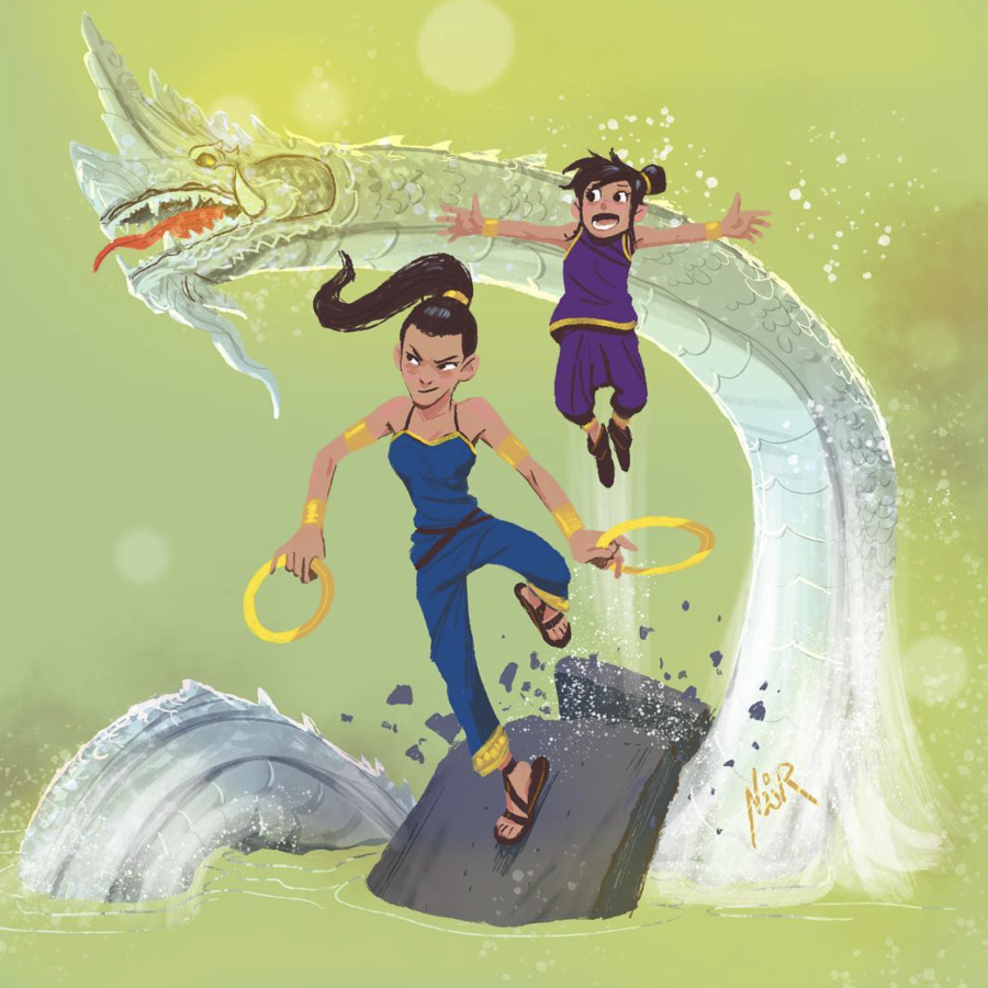 Two animated girls in traditional Asian clothing playing with a large Chinese dragon, holding golden hoops, on a stylized green background.