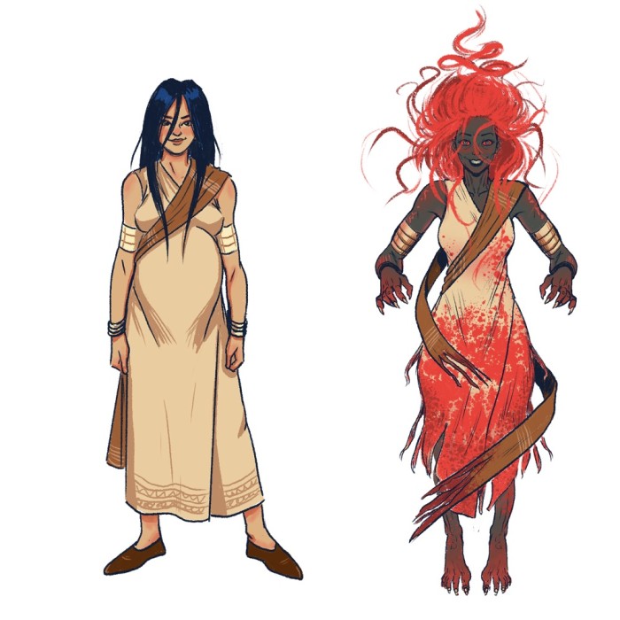 Jitara twice: as herself in a cream dress, and as Mae Phed, with wild red hair and clawed hands.