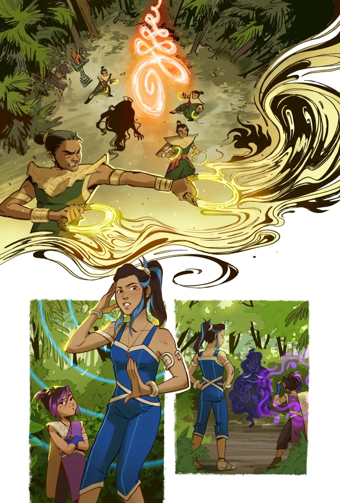 Page 1 of Mysterious Connections: the Vongfai glows over the jungle as Janida and Janmani train below.