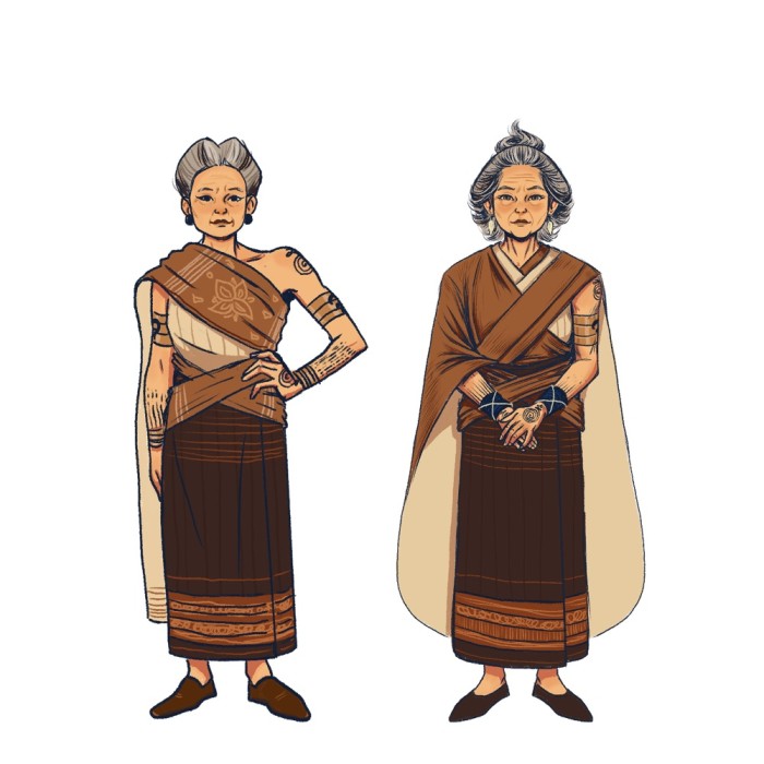Mae Tu Yen, the grandmother, in a brown wrap, woven sinh and cream shawl, shown twice.