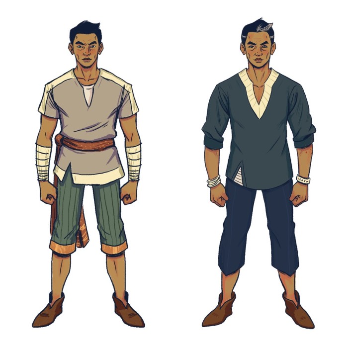 Non, the girls’ father, in two outfits: a light tunic with a sash, and a dark green-grey tunic.