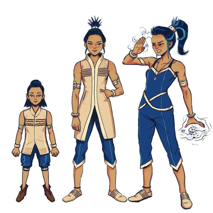 Janida at three ages: as a small girl, as a teen in a cream vest, and in her navy Pala outfit with spirit energy at her hands.