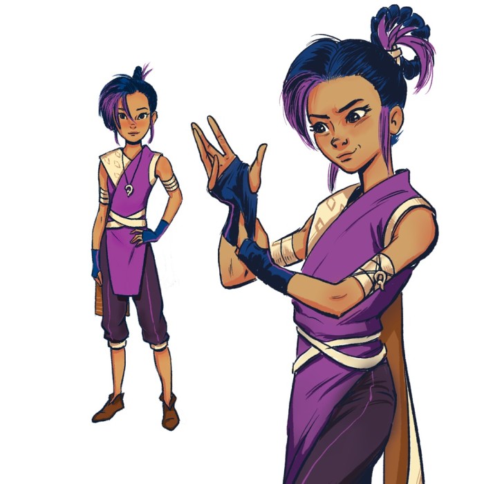 Janmani in her purple wrap top, standing with a hand on her hip, and up close pulling on her blue fingerless gloves.
